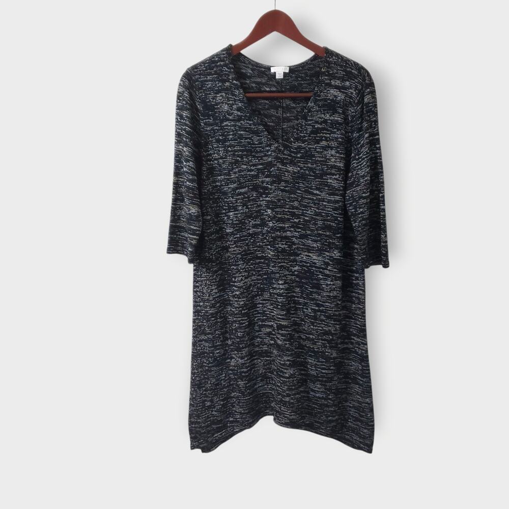 J.Jill Silk Blend Sweater Dress Asymmetric V-Neck Marbled Black Sz Large Petite